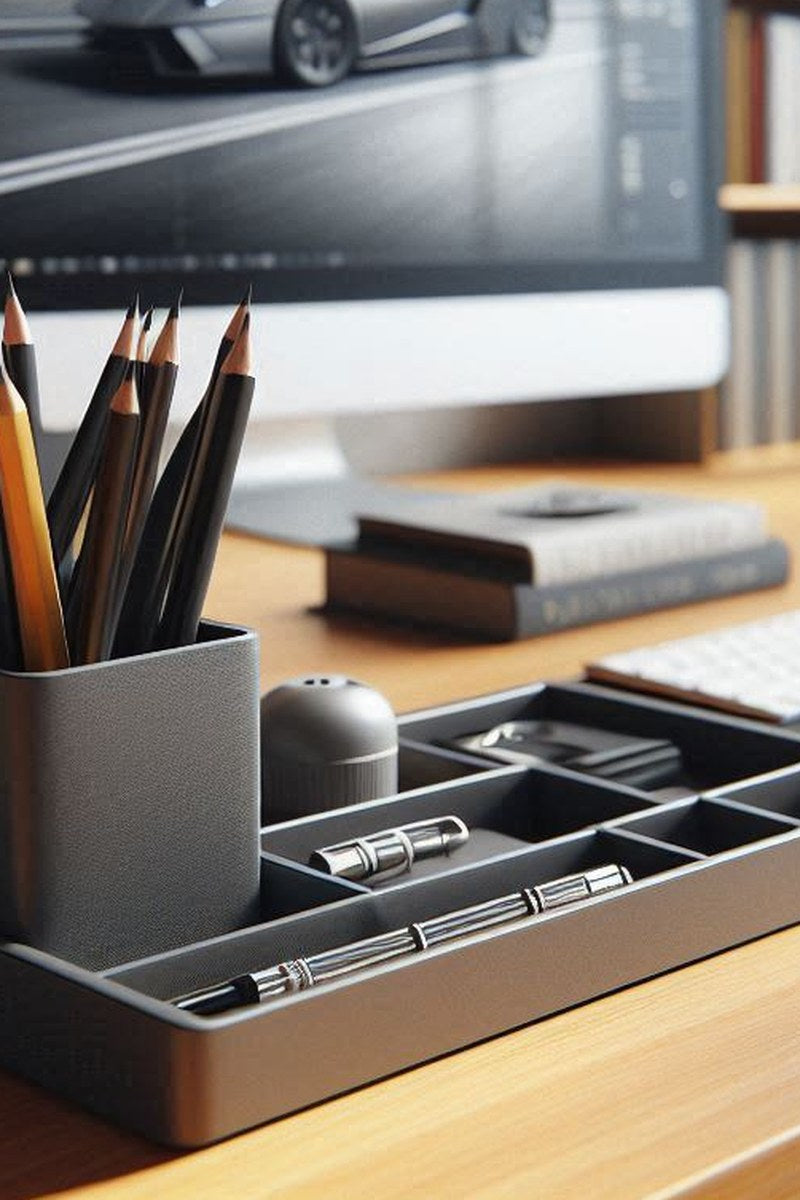 Close-up of minimalist office organizer tray and pencil cup with clean lines
