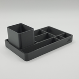 Office organizer tray with pencil cup styled on wooden desk in home office