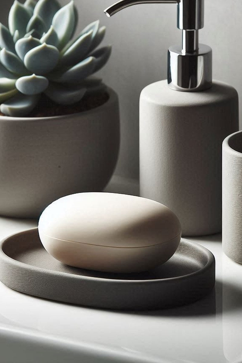 White soap dish and toothbrush holder set, front view with smooth minimalist design