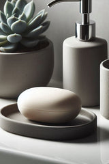 White soap dish and toothbrush holder set, front view with smooth minimalist design