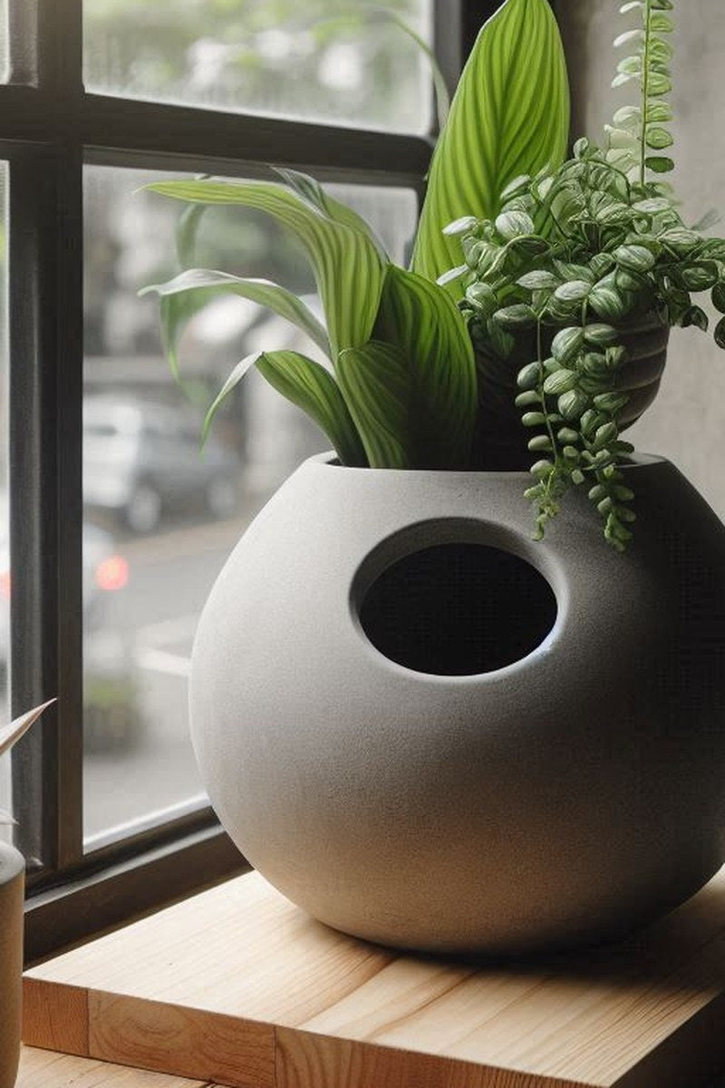 Minimalist self-watering plant pot with rounded form and filling opening visible at top