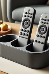 Rounded remote control holder in soft white, close-up view showing curved edges