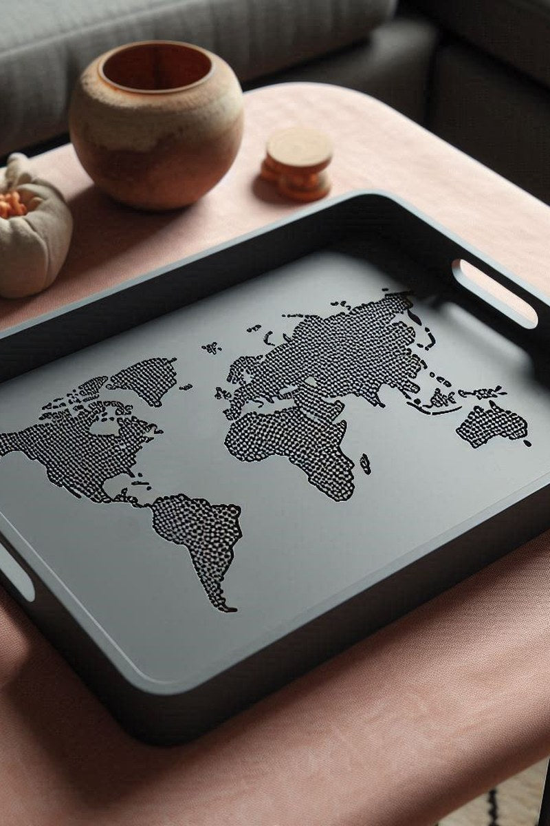OneWorld designer tray with embossed world map continents, pale grey finish