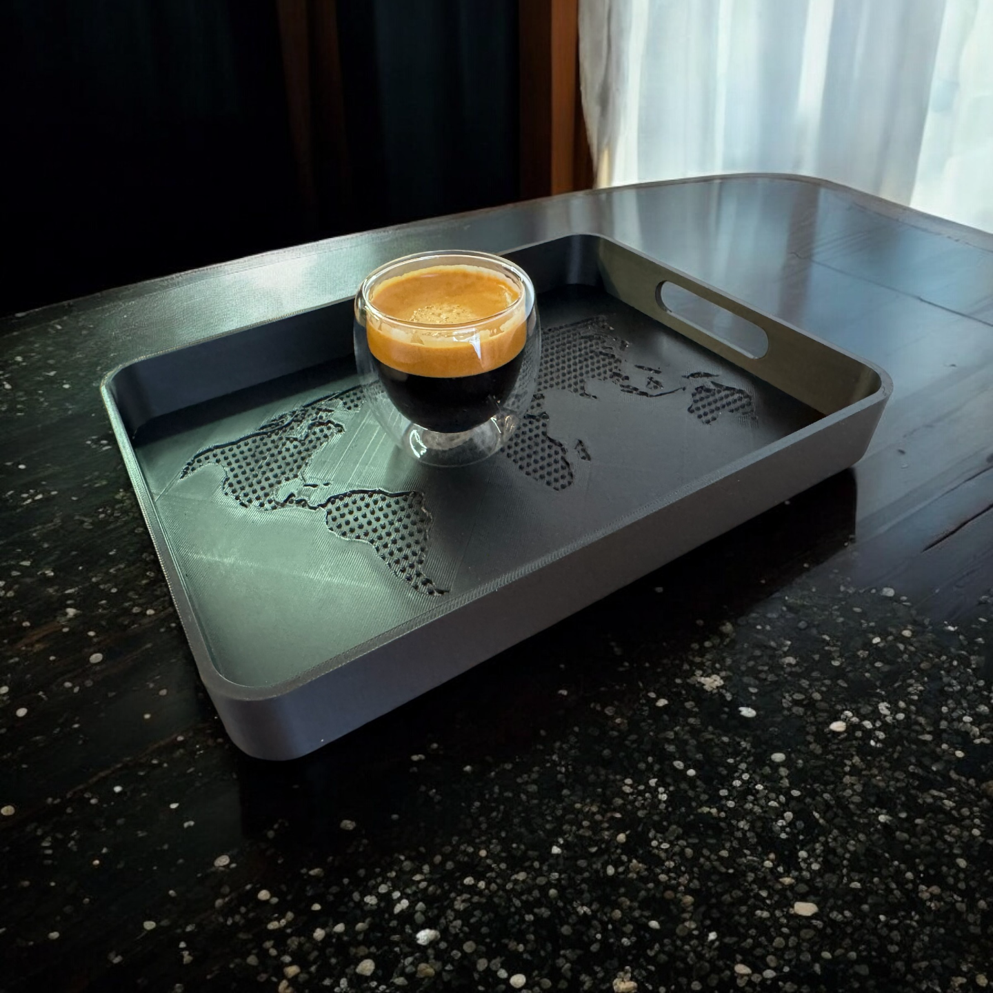 OneWorld designer tray with embossed world map continents, pale grey finish