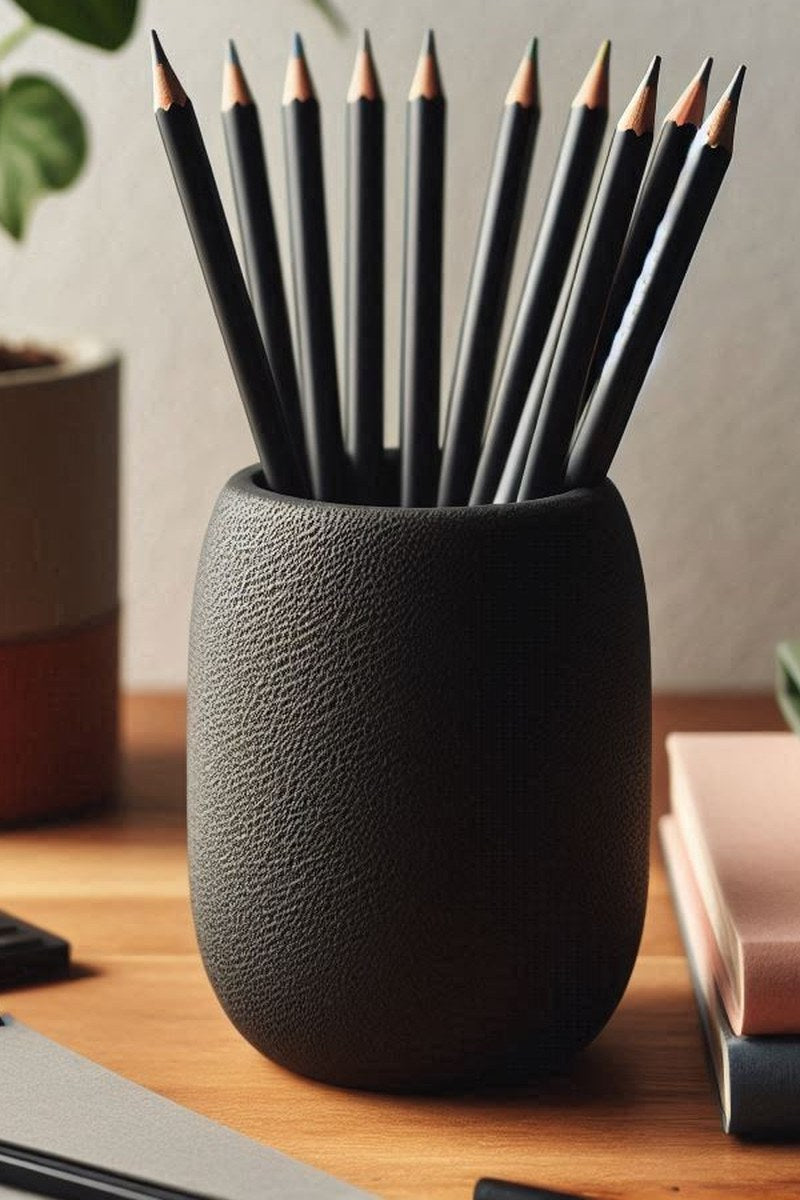 Close-up of textured round pencil holder showing organic surface detail