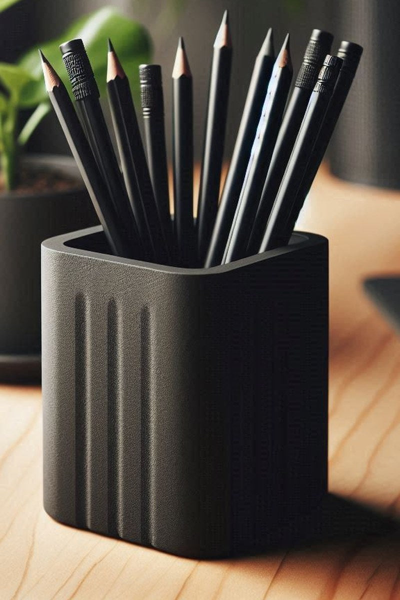 Close-up of minimalist square pencil holder with textured grooved sides