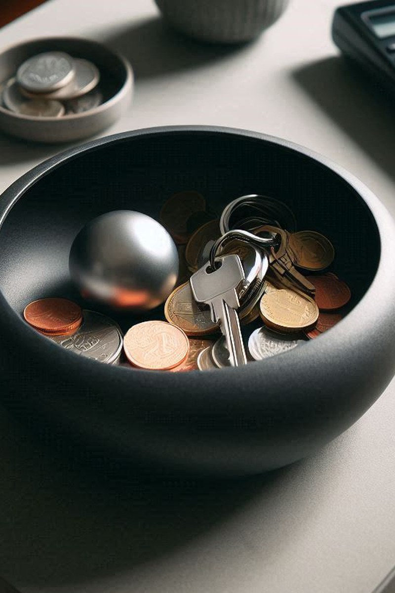 Modern key and coin catch bowl in white, top view showing smooth interior