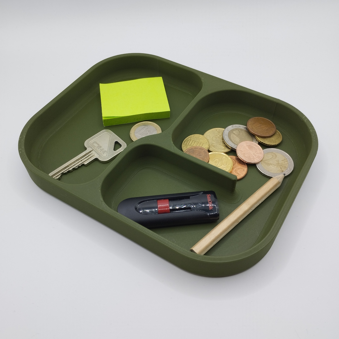Catchall tray styled on entryway console with keys and coins