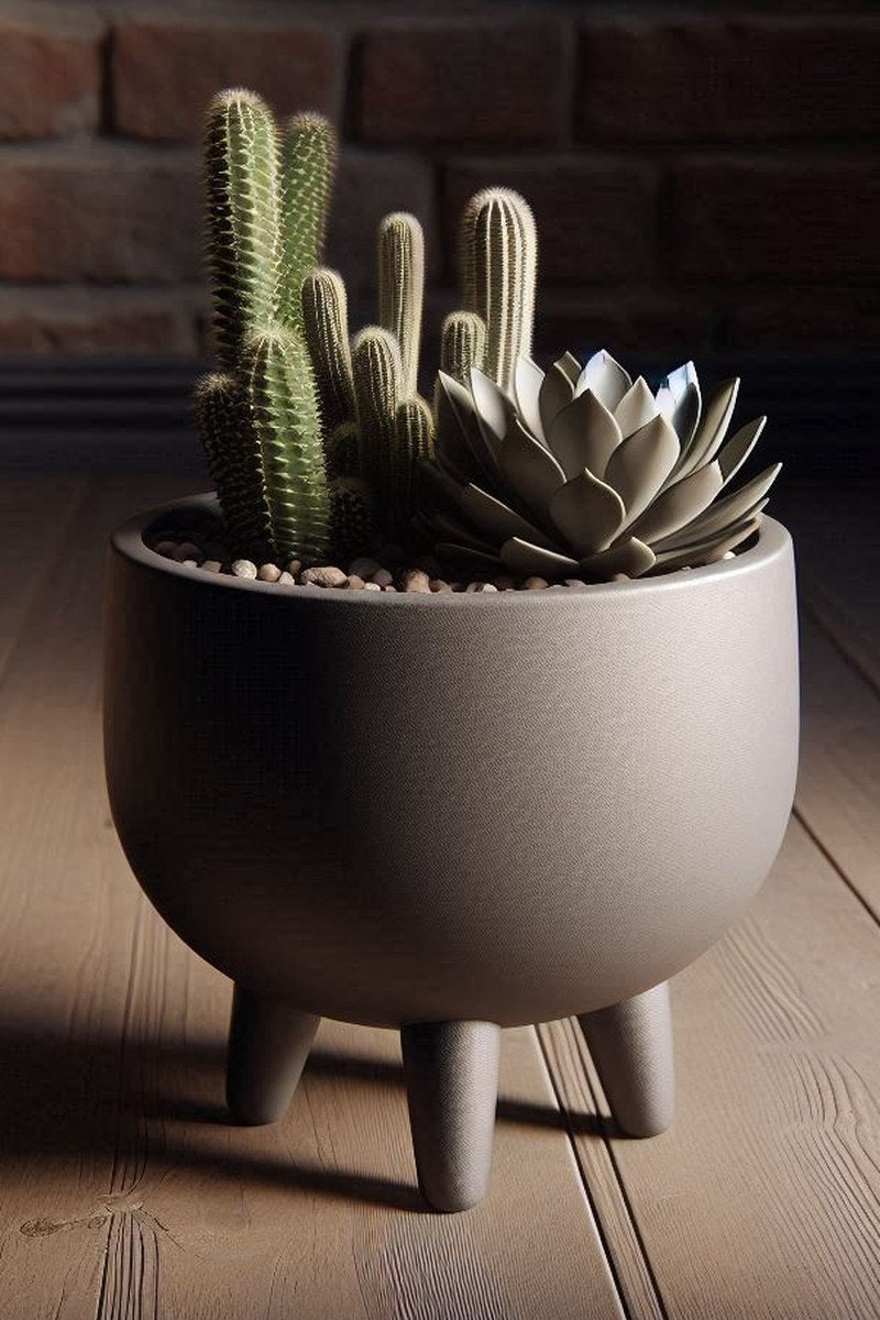 Mid-century plant pot with four feet shown in warm light, clean geometric lines