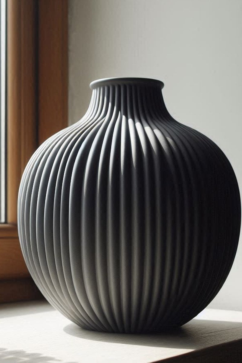 Close-up of ribbed vase showing vertical line texture on rounded form