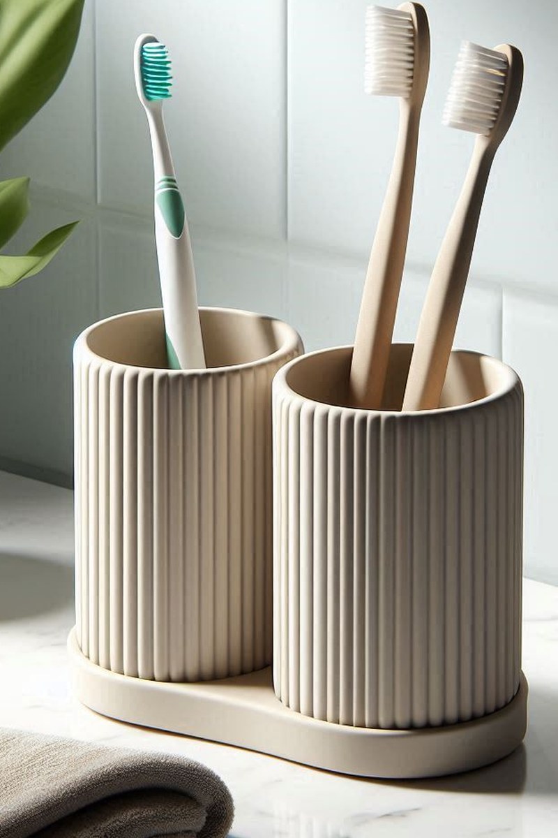 Close-up of ribbed toothbrush holder set showing texture detail and matte finish