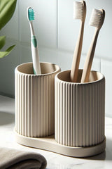Close-up of ribbed toothbrush holder set showing texture detail and matte finish