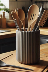 Ribbed utensil holder with vertical texture detail, close-up view