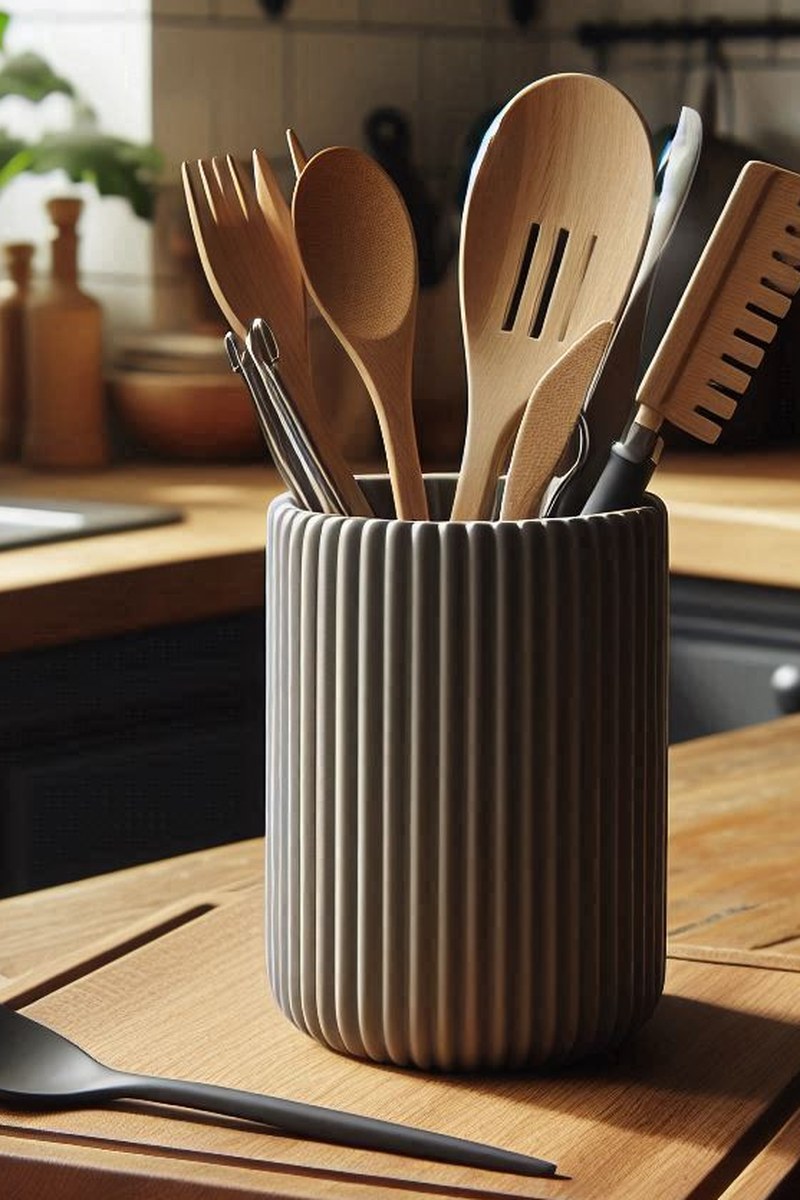 Ribbed utensil holder with vertical texture detail, close-up view