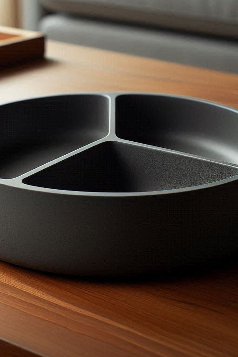 Minimalist snack tray with three compartments, close-up view of clean white surface