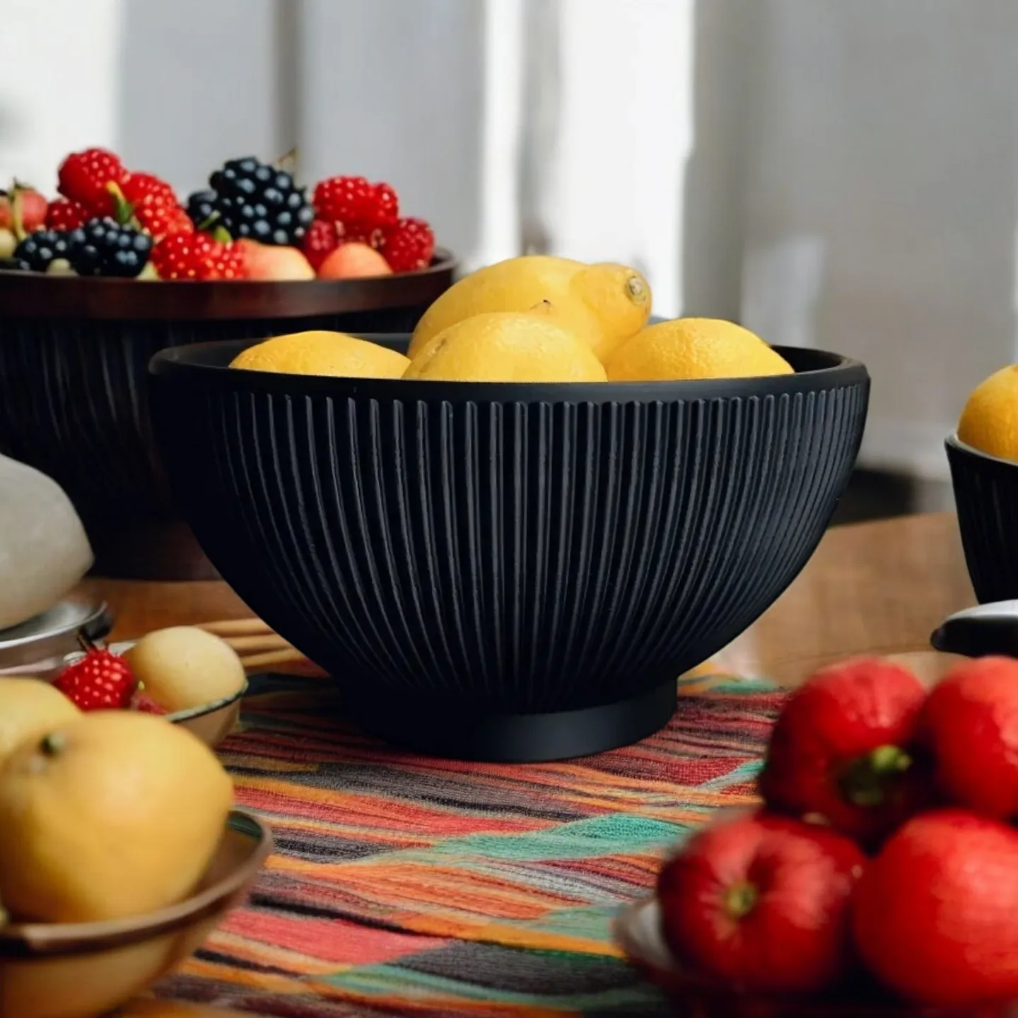 Lemony ribbed designer bowl displayed on white shelf with minimalist styling