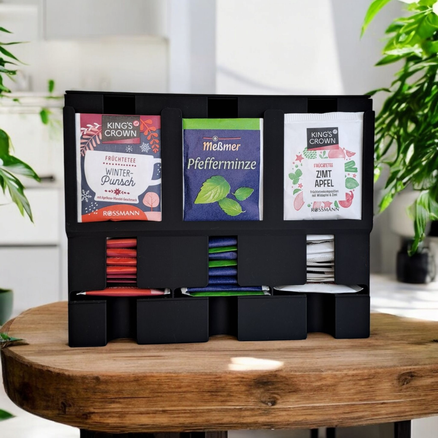 Detail of the tea organizer's smooth surface and open compartments