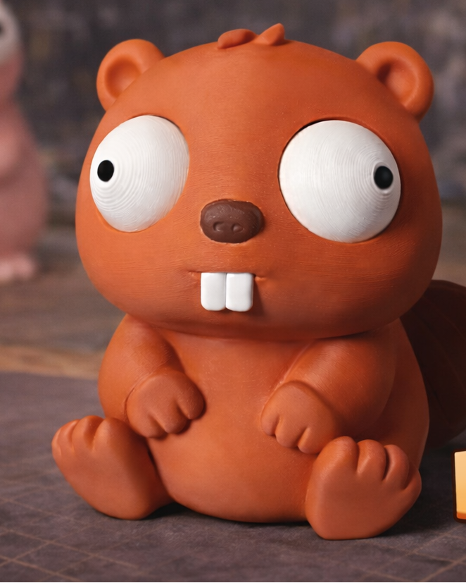 Goofy beaver googly eyes figure seen from the front against a white background
