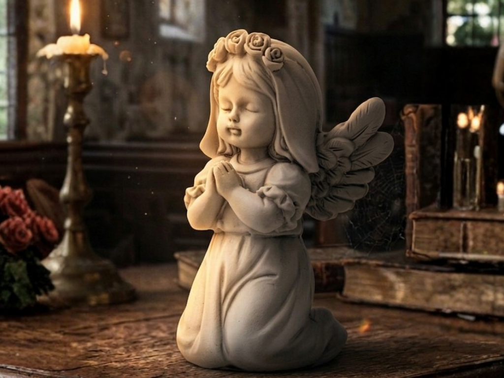 Betender Kommunionsengel (Mädchen) mit Schleier und Rosenkränzchen, Geschenk zur Erstkommunion