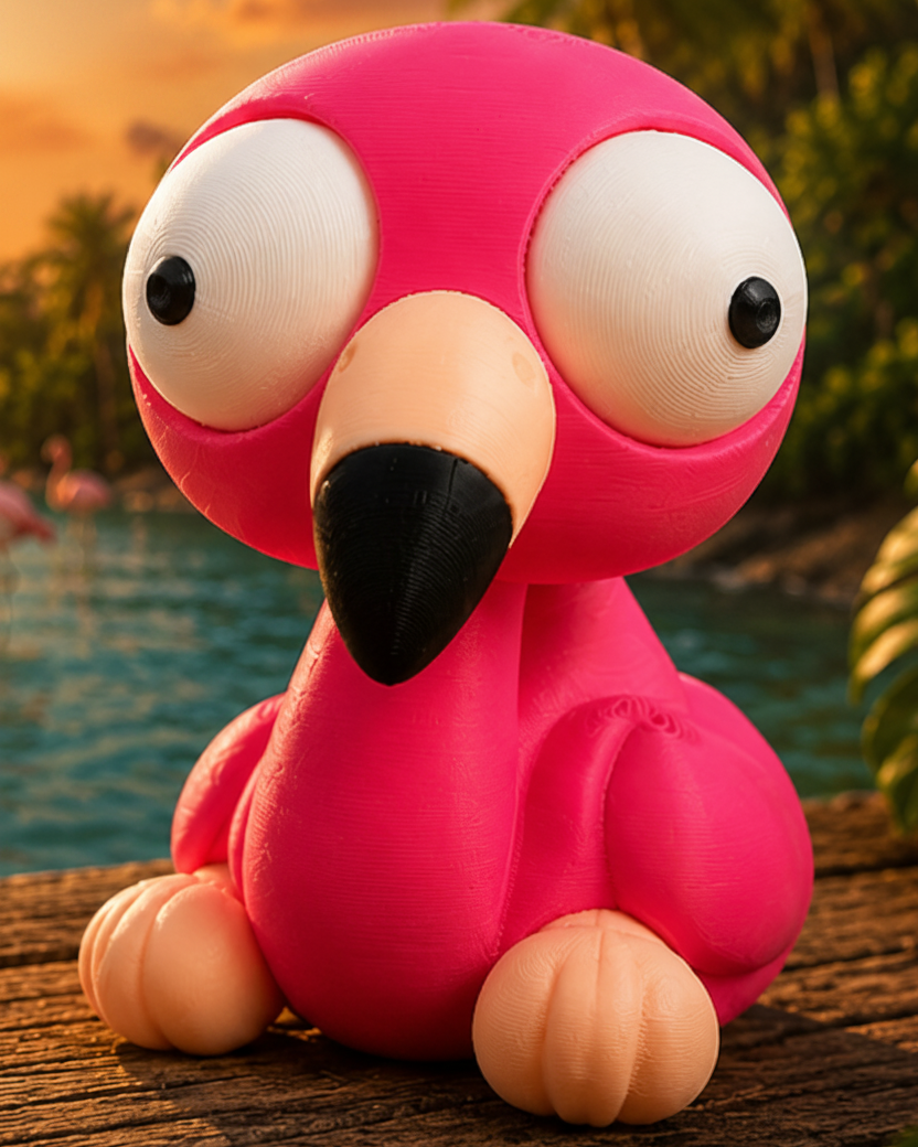 Close-up of flamingo figure with large movable googly eyes, Goofy Series character