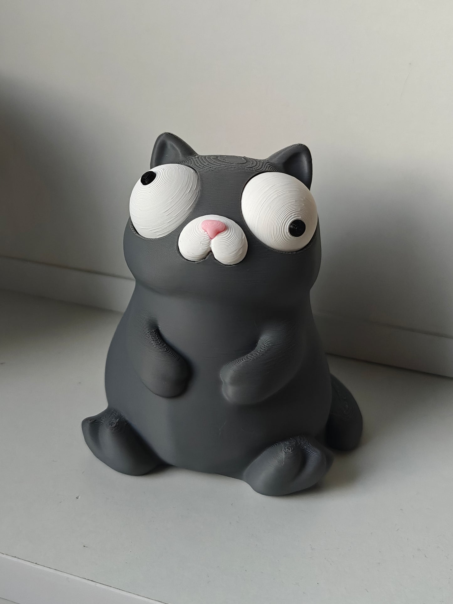 Detail shot of the rotating googly eyes on the Goofy Cat figure giving a confused expression
