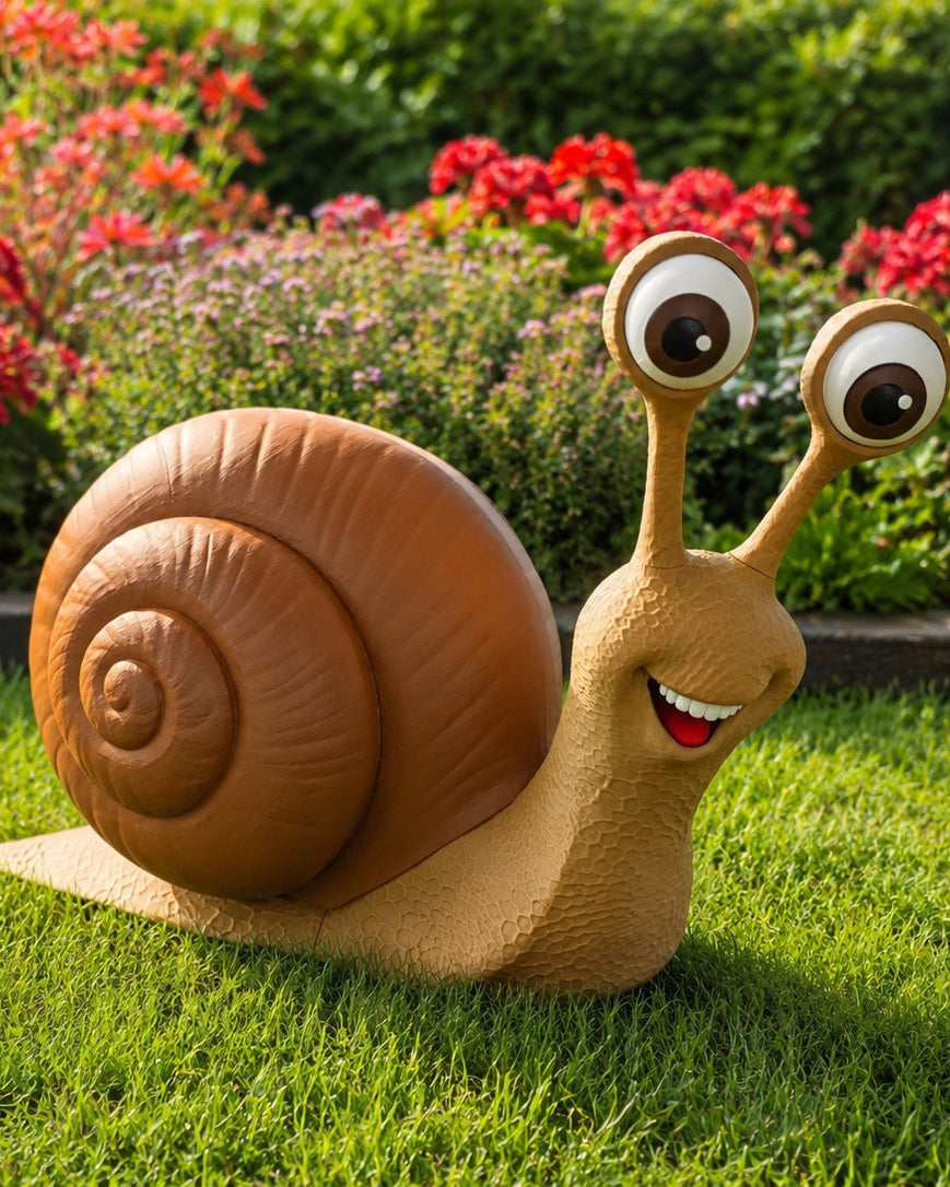 Giant garden snail statue with big cartoon eyes on a green lawn