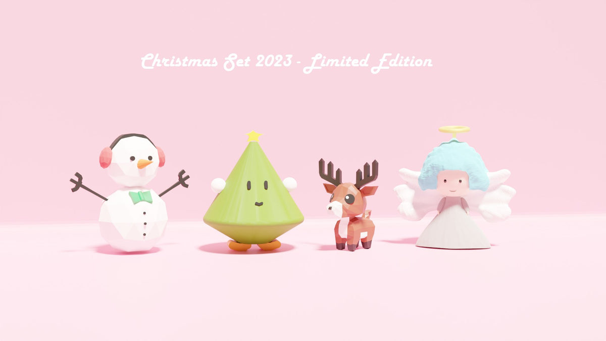 Weihnachtsfiguren-Set mit Schneemann, Weihnachtsbaum, Rentier und Engel