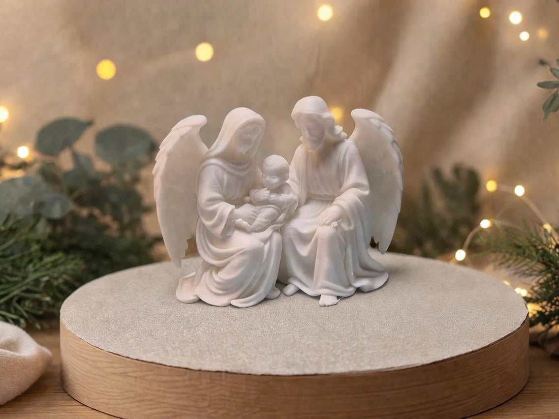 Maria und Josef mit dem Kind, umhüllt von Engelsflügeln