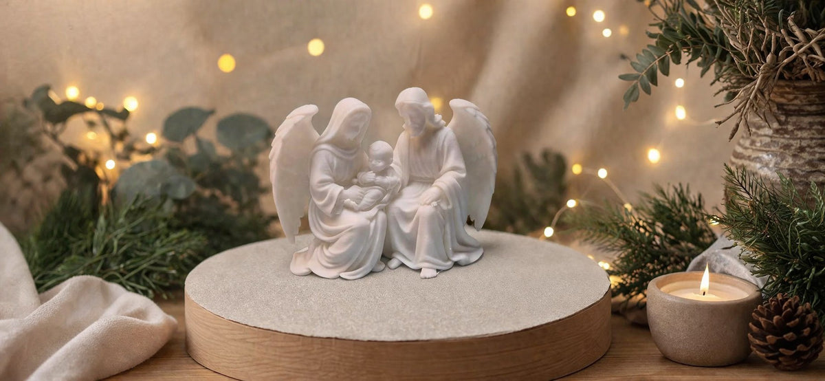 Maria und Josef mit dem Kind, umhüllt von Engelsflügeln