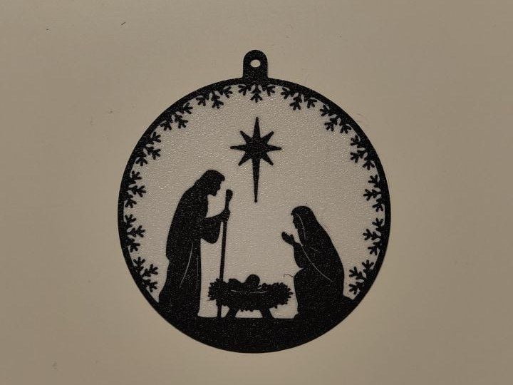 Flache Weihnachtskugel mit Krippenmotiv