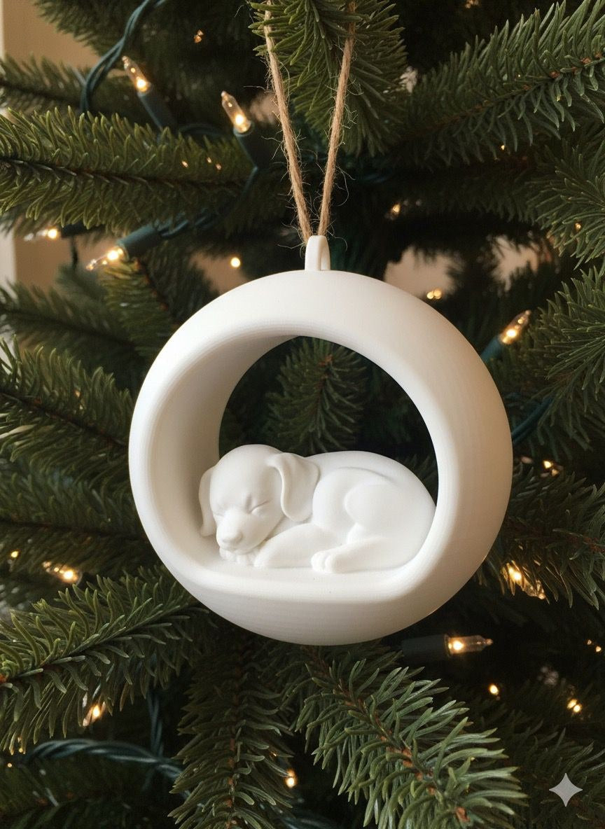Runde Weihnachtskugel mit schlafendem Welpen