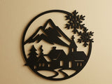 Silhouette eines Winterdorfs mit Kirche, Häusern und Tannen