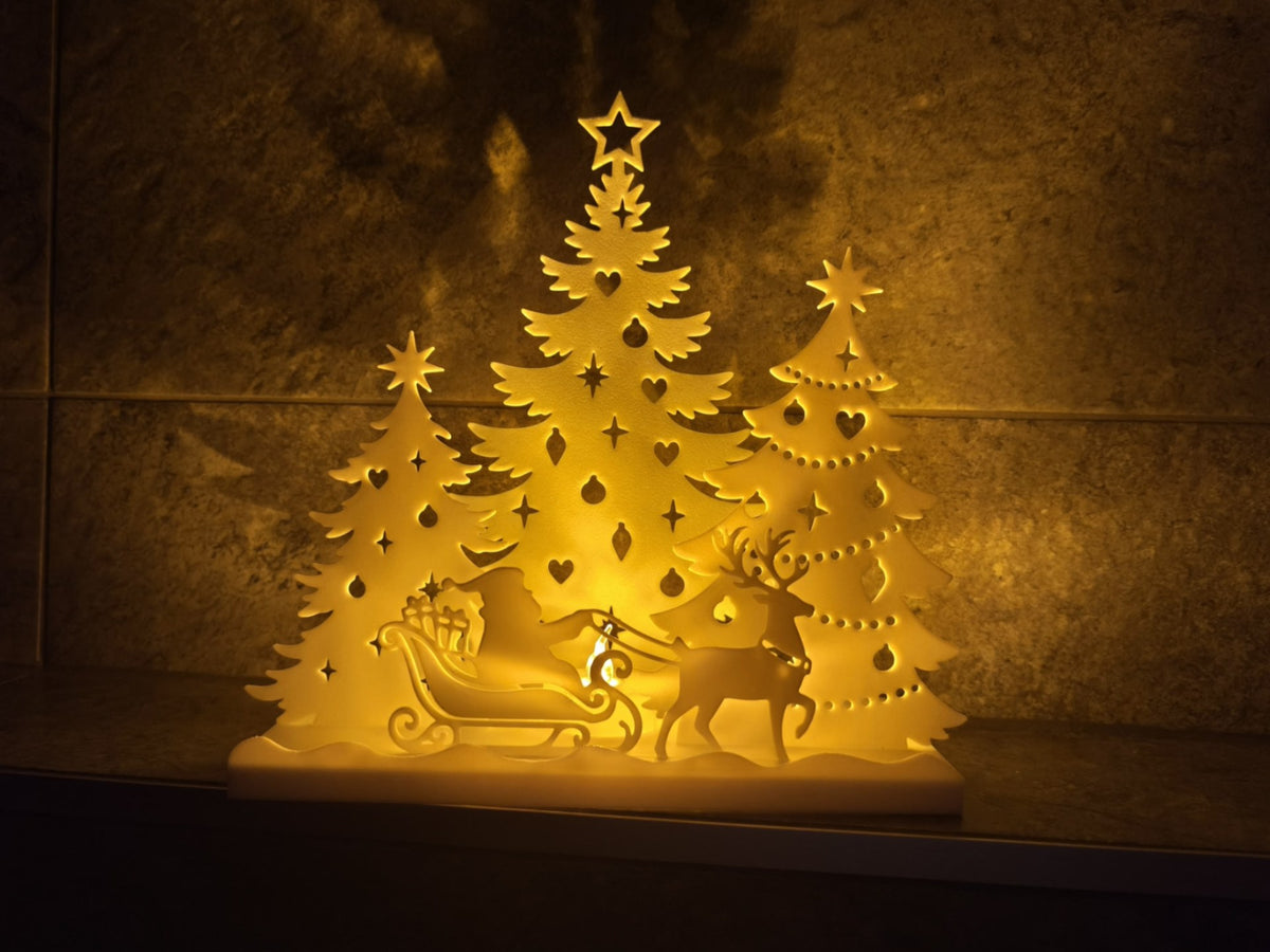 Weihnachtshaus für Teelichter – Weihnachtsmann im Schlitten und Wald
