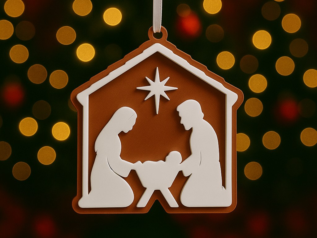 Christbaumschmuck mit Krippe: Maria, Josef und Jesuskind