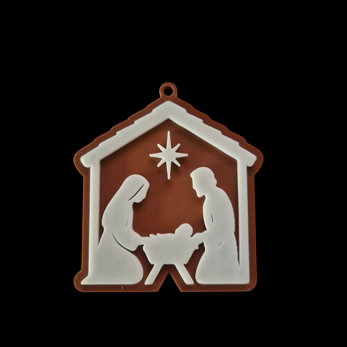Christbaumschmuck mit Krippe: Maria, Josef und Jesuskind
