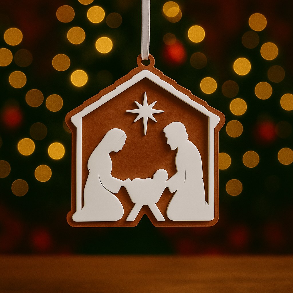 Christbaumschmuck mit Krippe: Maria, Josef und Jesuskind