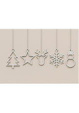 Set mit 5 flachen Weihnachtsanhängern: Tannenbaum, Stern, Rentier, Schneeflocke und Schneemann