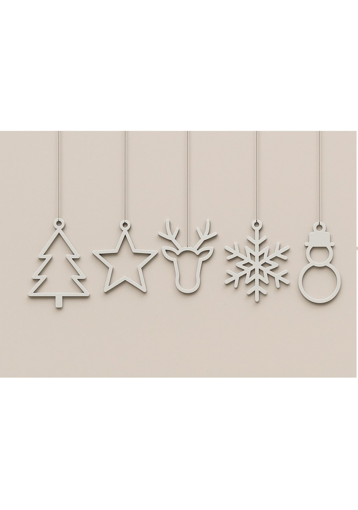 Set mit 5 flachen Weihnachtsanhängern: Tannenbaum, Stern, Rentier, Schneeflocke und Schneemann