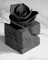 Black rose sculpture emerging from rough stone base, front view on white surface