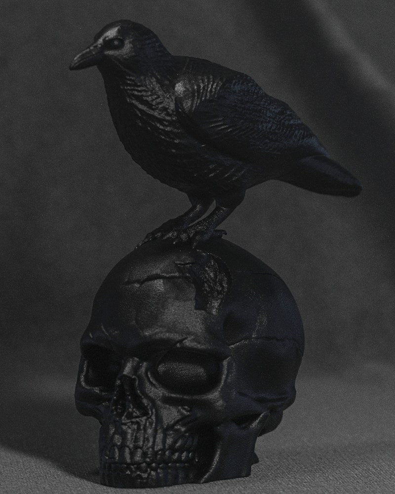 Close-up of a raven skull sculpture showing a dark bird perched on a cracked human skull