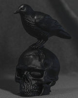 Close-up of a raven skull sculpture showing a dark bird perched on a cracked human skull