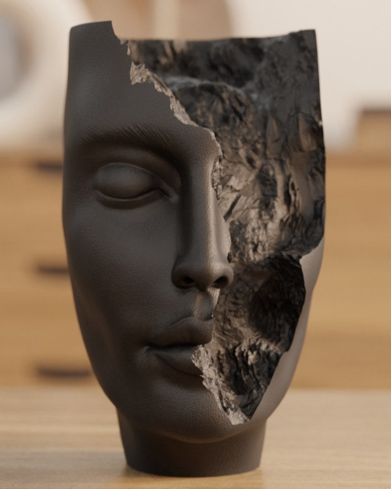 Close-up of The Hollow Face abstract face sculpture showing closed eyes and organic fracture detail