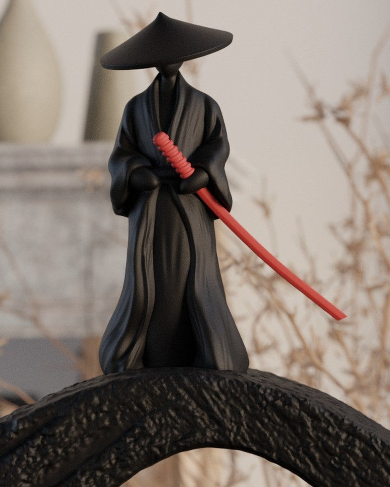Minimalist samurai sculpture on arched bridge, clean silhouette against white background