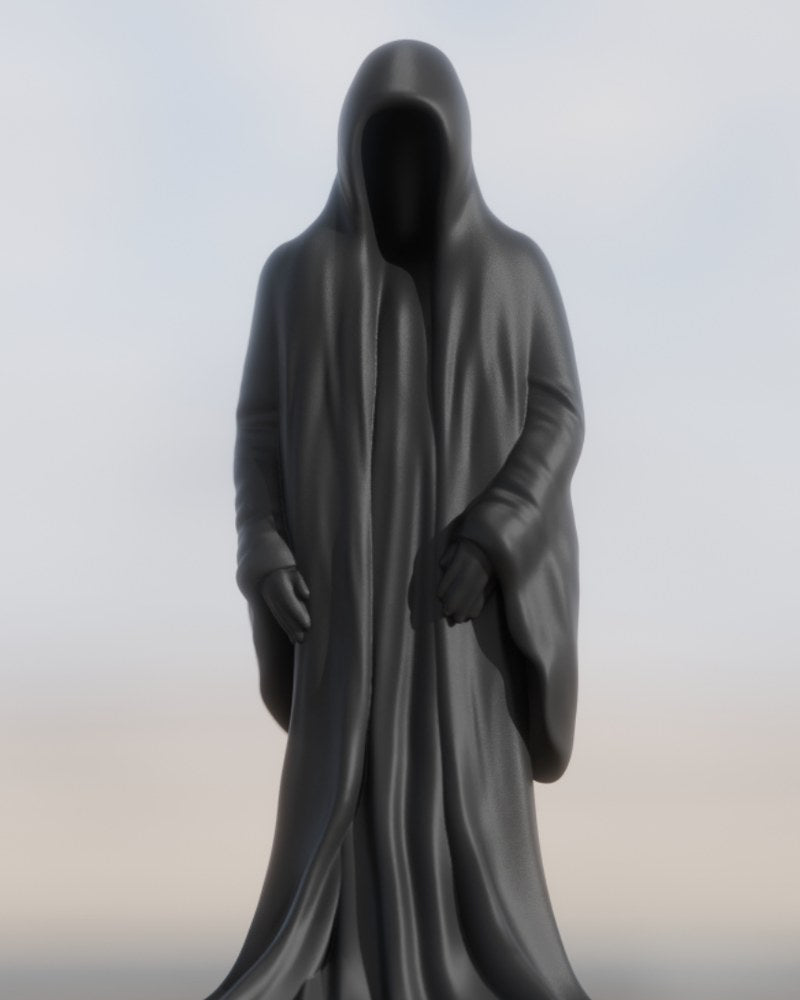 Close-up of dark reaper sculpture showing hooded cloak with deep shadow-filled folds