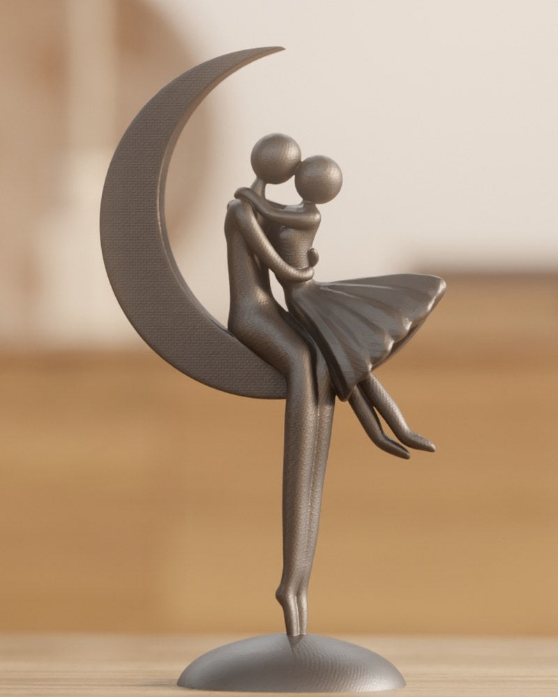 Abstract romantic couple sculpture resting on a crescent moon, white finish, front view