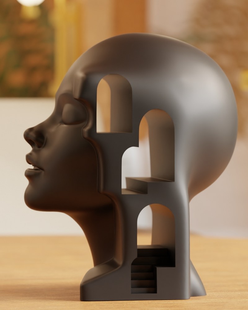 Surreal female bust sculpture with architectural arches and stairways built into the profile, front view