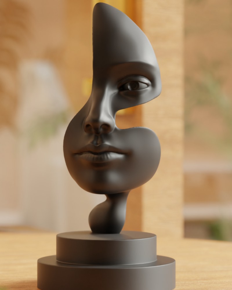 Abstract black sculpture with fluid feminine curves and musical note form, close-up on white background
