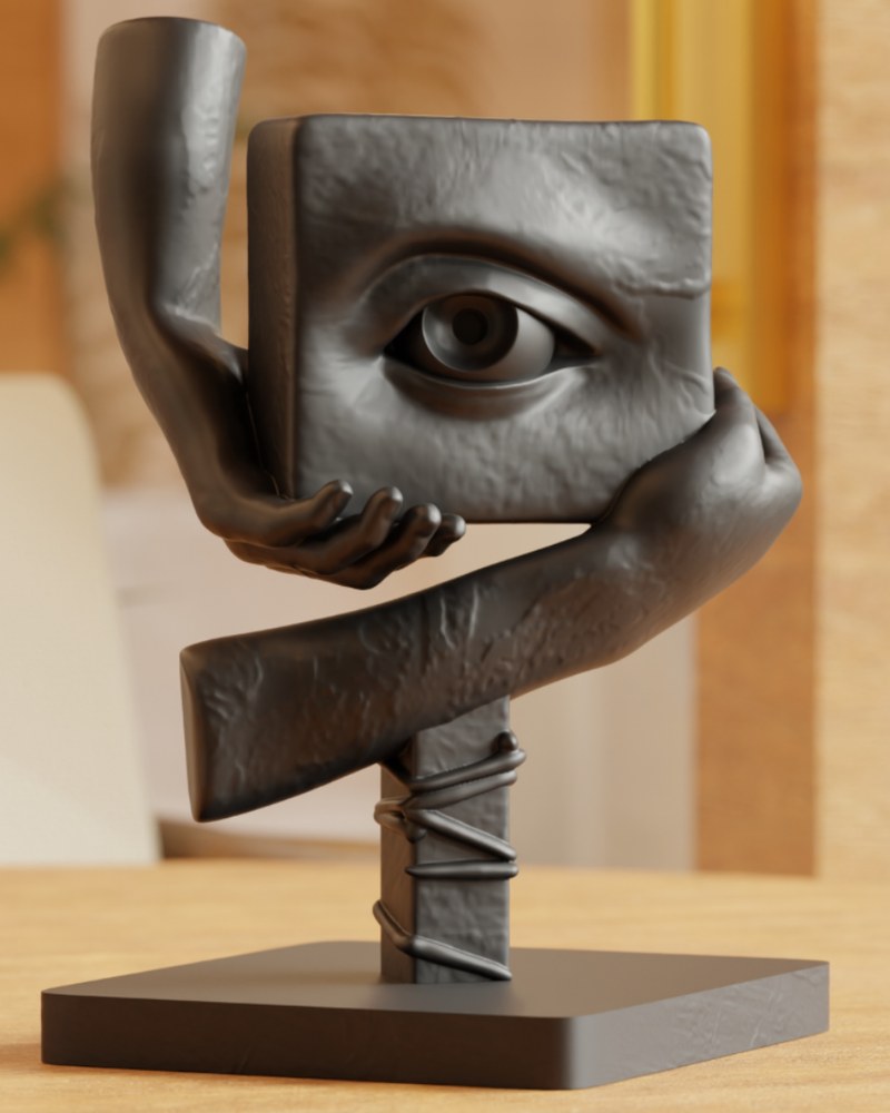 Surreal eye sculpture showing two hands cradling a textured cube with a carved human eye, white finish