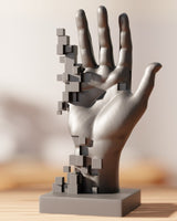 Pixelated hand sculpture in matte finish, front view against neutral background