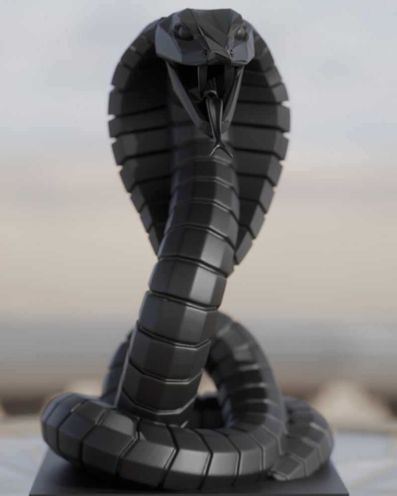 Close-up of Vipercoil Cobra sculpture showing segmented armoured body in coiled attack pose